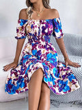 Ruffled Hem Smocked Floral Short Sleeve Midi Dress - Trendsi - Flyclothing LLC