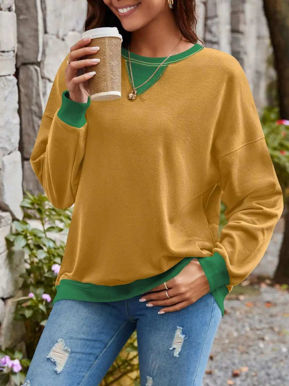 Contrast Round Neck Long Sleeve Sweatshirt - Trendsi - Flyclothing LLC