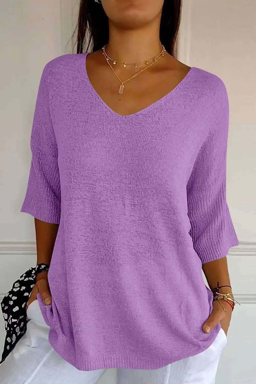 V-Neck Three-Quarter Sleeve Knit Top - Trendsi - Flyclothing LLC