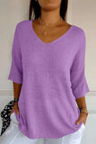 V-Neck Three-Quarter Sleeve Knit Top - Trendsi - Flyclothing LLC