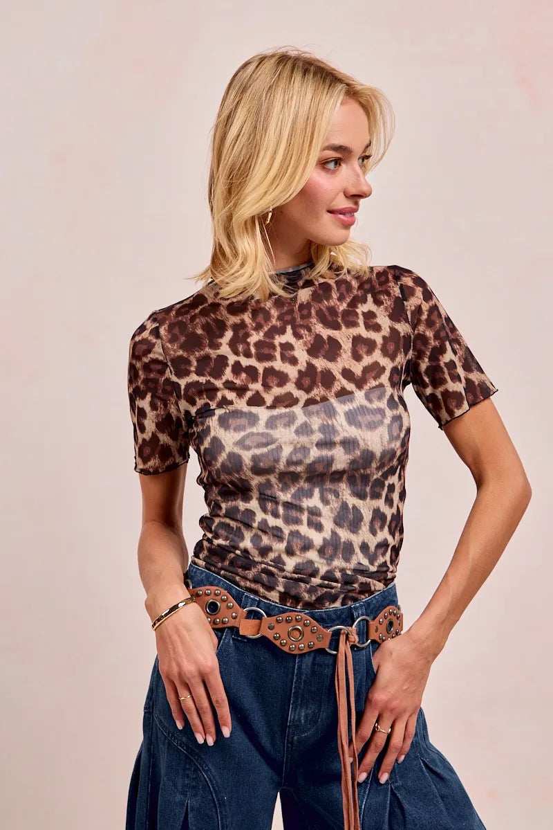 BiBi High Neck Leopard Mesh Short Sleeves Top - Trendsi - Flyclothing LLC