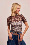 BiBi High Neck Leopard Mesh Short Sleeves Top - Trendsi - Flyclothing LLC
