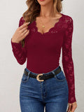 Lace Wavy Hem V-Neck Long Sleeve Top - Trendsi - Flyclothing LLC