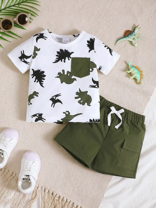 Children's Dinosaur Print Pocket Tee & Shorts Set - Trendsi - Flyclothing LLC