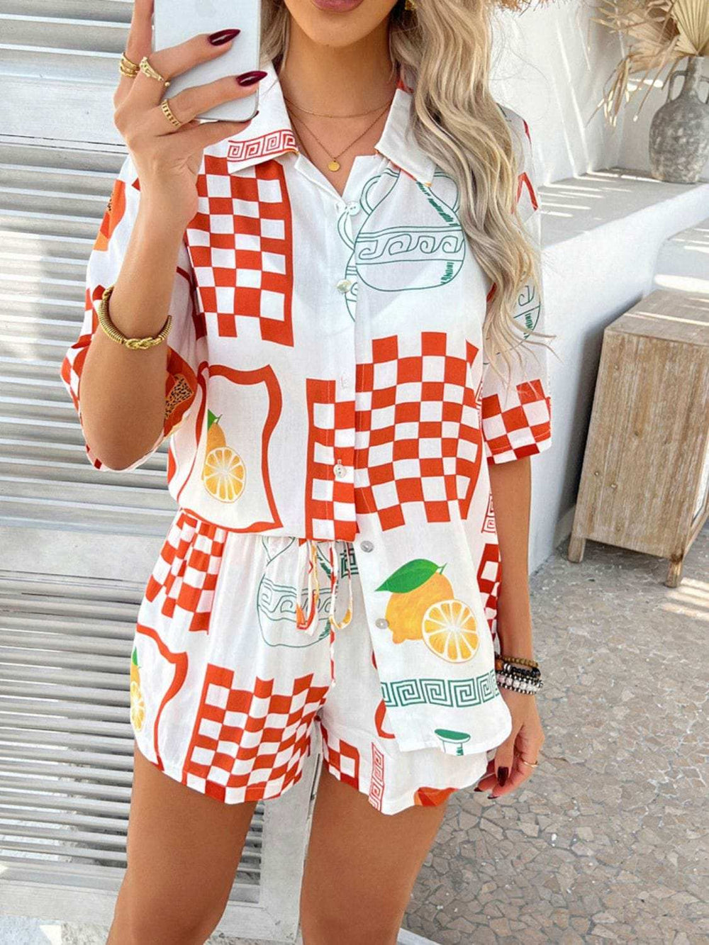 Devine Printed Collared Neck Half Sleeve Top and Shorts Set - Trendsi - Flyclothing LLC