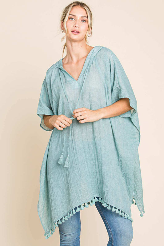 Cotton Bleu by Nu Label Tassel Hem Hooded Cover Up - Trendsi - Flyclothing LLC