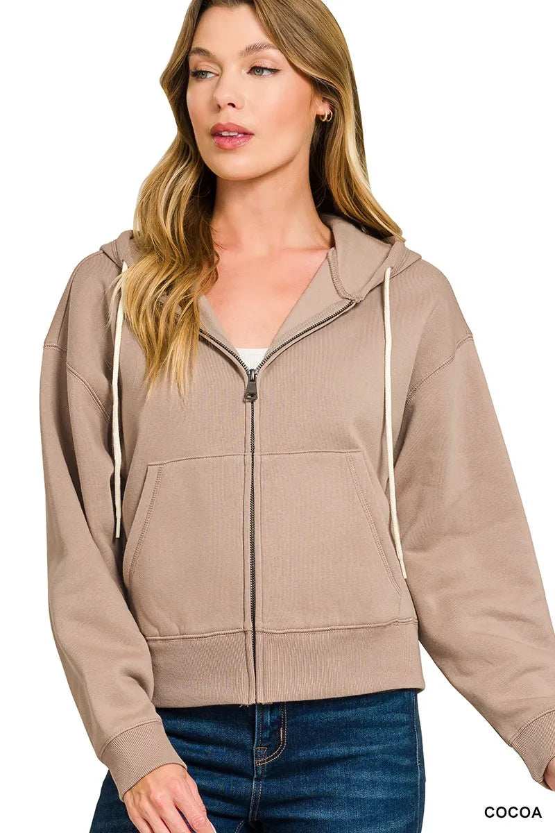 Zenana Fleece Cropped Zip-up Hoodie with Pockets - Trendsi - Flyclothing LLC