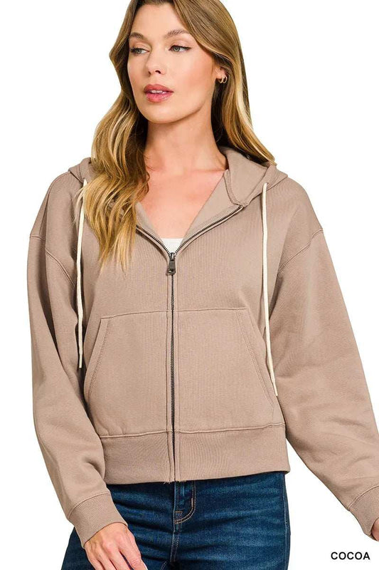 Zenana Fleece Cropped Zip-up Hoodie with Pockets - Trendsi - Flyclothing LLC