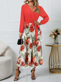 Pleated Printed Surplice Long Sleeve Dress - Trendsi - Flyclothing LLC