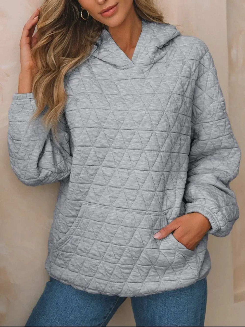 Textured Long Sleeve Hoodie with Pockets - Trendsi - Flyclothing LLC