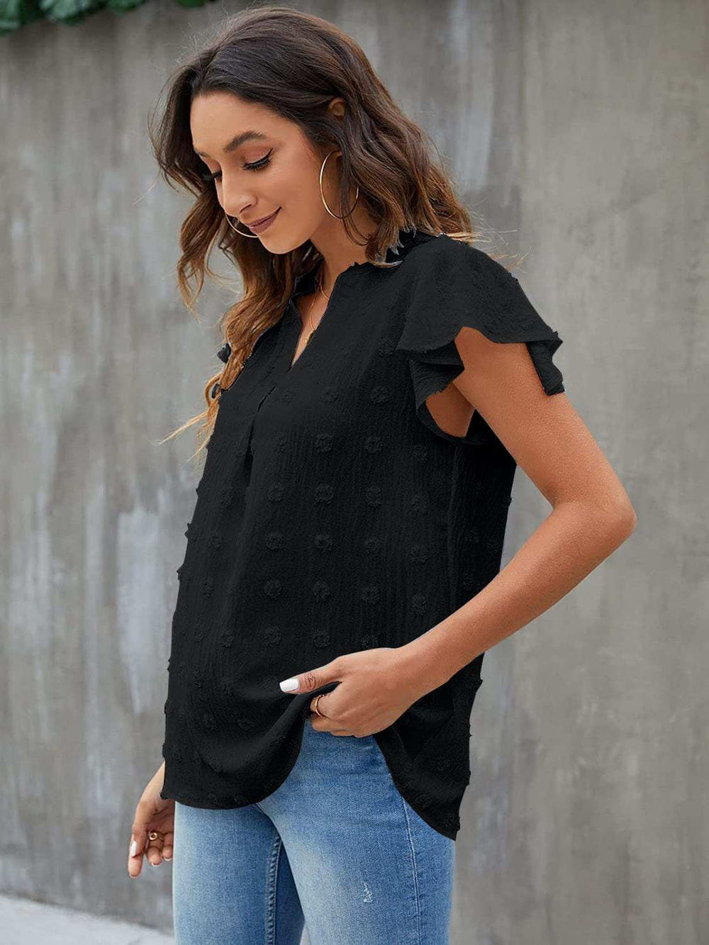 Swiss Dot Notched Flutter Sleeve Blouse - Trendsi - Flyclothing LLC