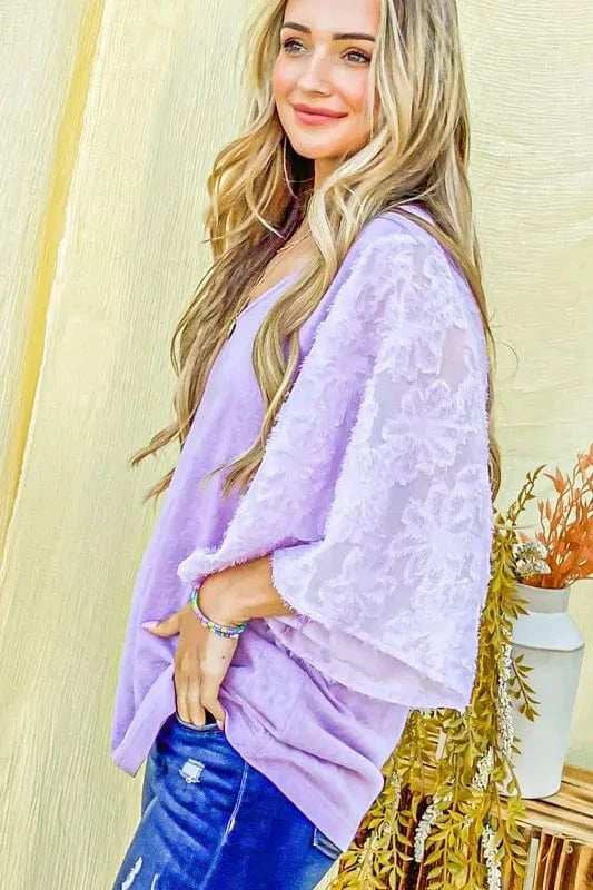 And The Why Feather Detailed 3/4 Sleeve Slub Top - Trendsi - Flyclothing LLC