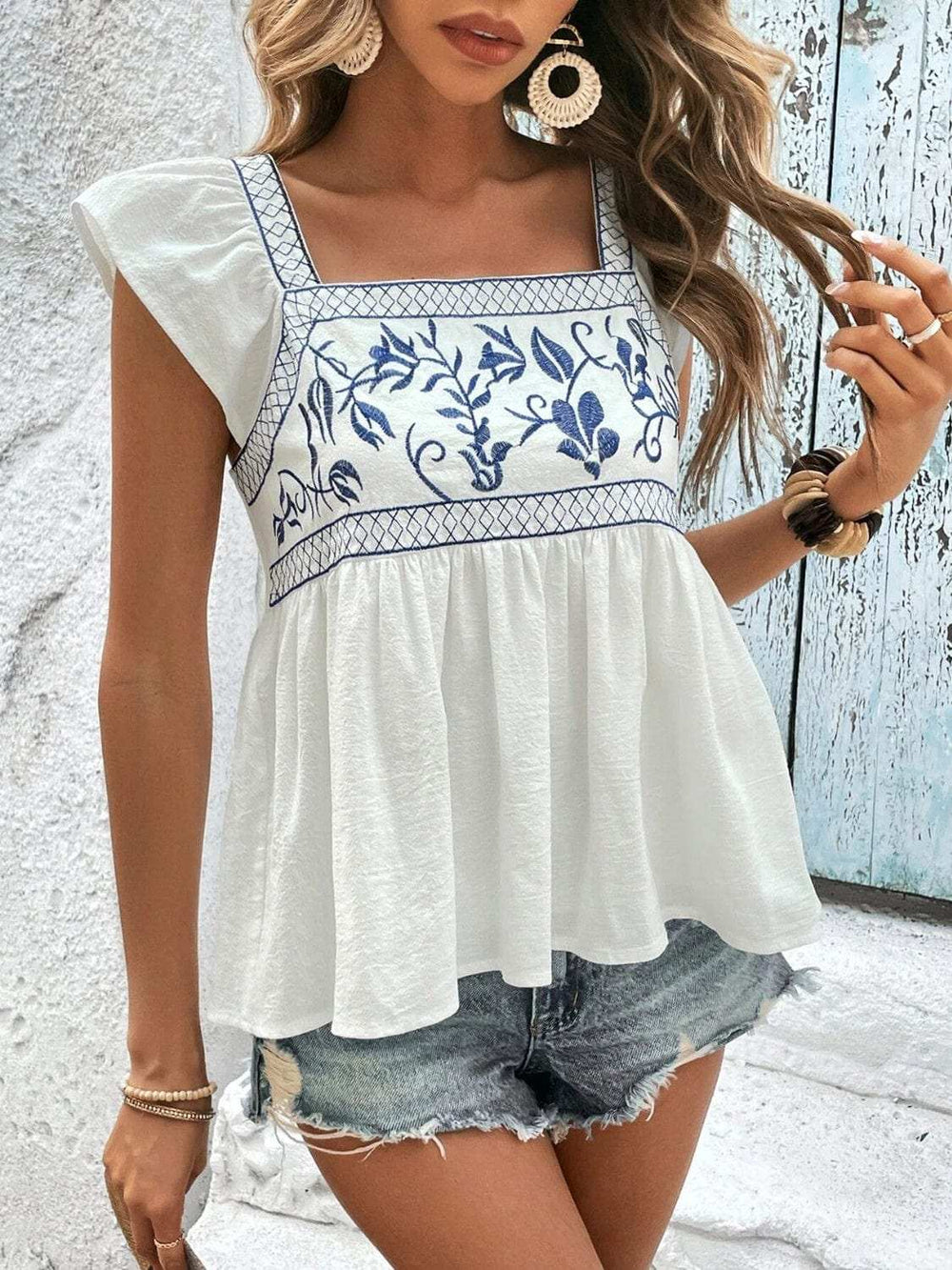 Embroidered Square Neck Cap Sleeve Blouse - Trendsi - Flyclothing LLC