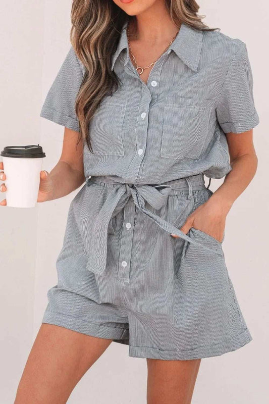 Stripe Chest Pockets Tie Waist Romper - Trendsi - Flyclothing LLC