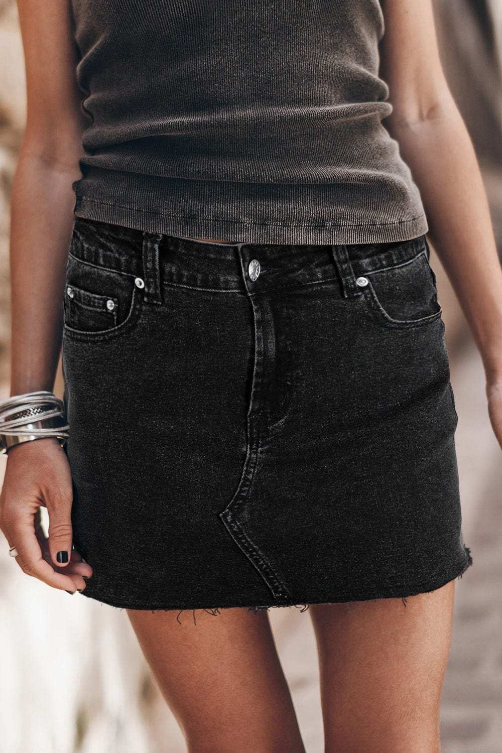 Frayed Hem Denim Mini Skirt - Trendsi - Flyclothing LLC