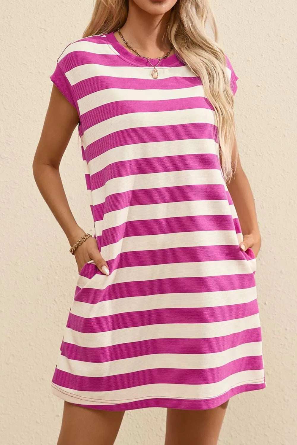Stripe Cap Sleeve Pocketed Shift Tee Dress - Trendsi - Flyclothing LLC