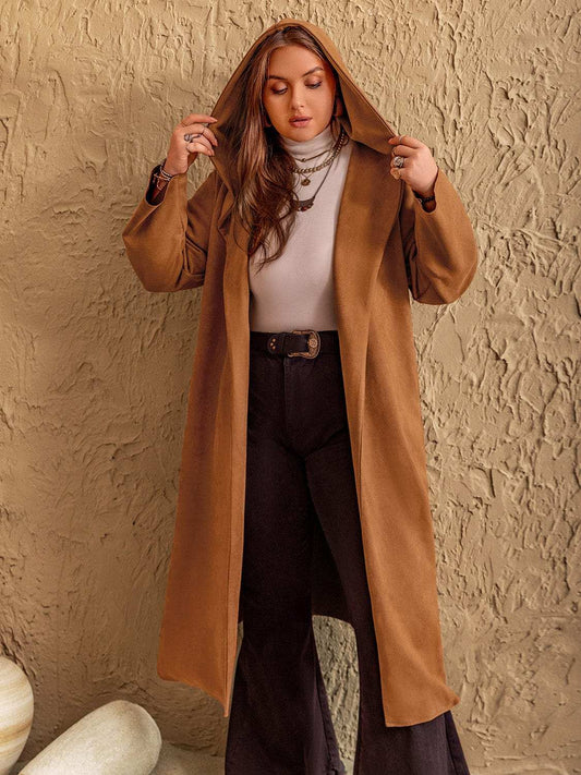 Plus Size Tied Long Sleeve Hooded Coat with Pockets - Trendsi - Flyclothing LLC