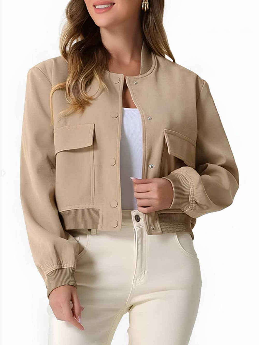 Pocketed Snap Down Baseball Collar Jacket - Trendsi - Flyclothing LLC