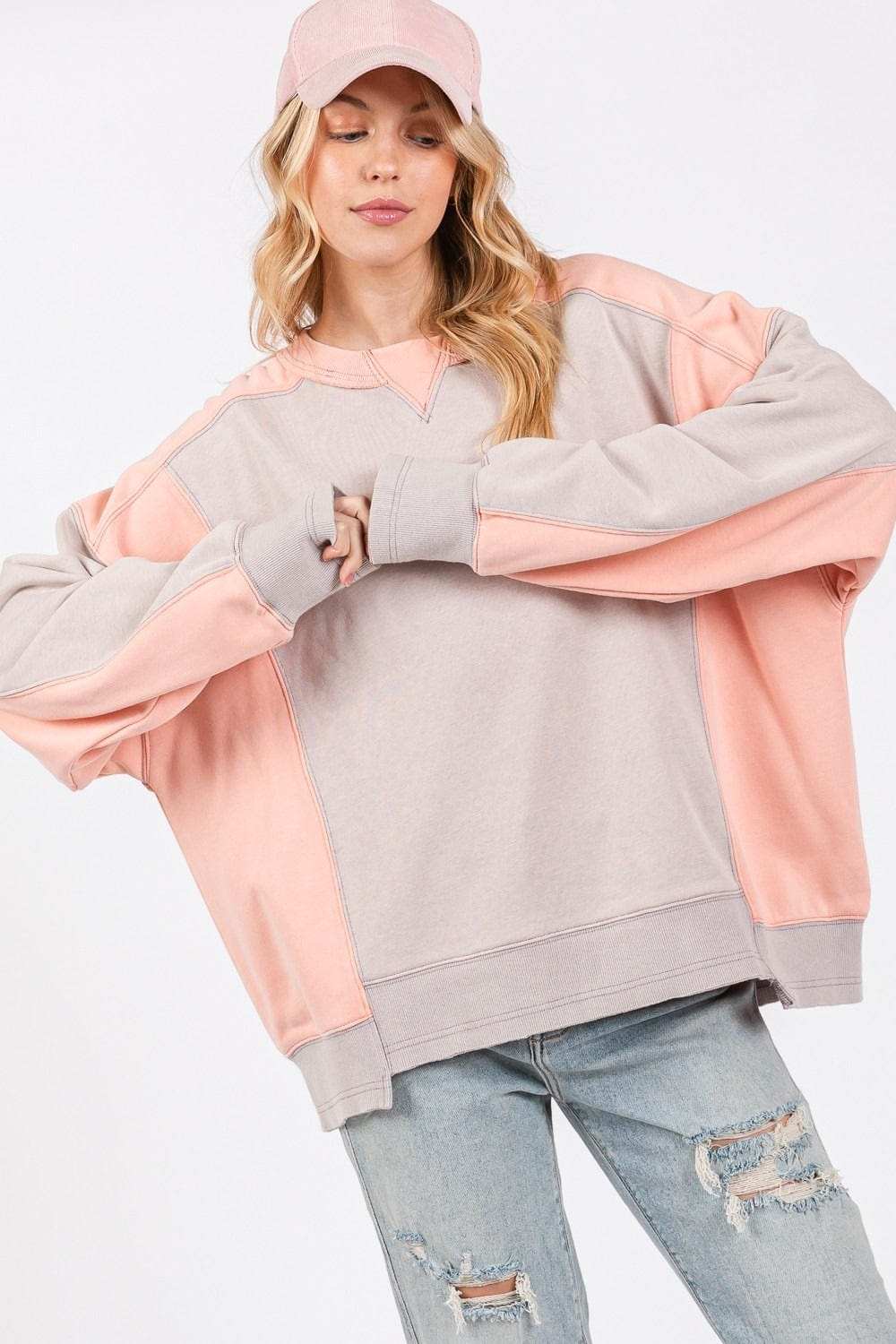 SAGE + FIG Color Block Round Neck Sweatshirt - Trendsi - Flyclothing LLC
