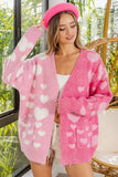BiBi Heart Color Block V-Beck Knit Cardigan with Pockets - Trendsi - Flyclothing LLC
