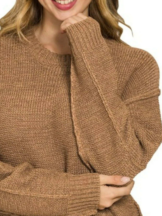 Zenana Exposed Seam Round Neck Sweater - Trendsi - Flyclothing LLC
