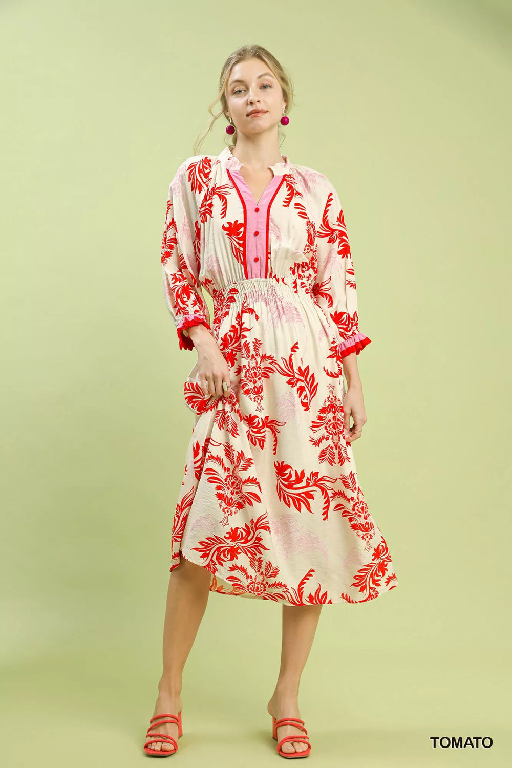 Umgee Tropical Print Button Detail Midi Dress - Trendsi - Flyclothing LLC