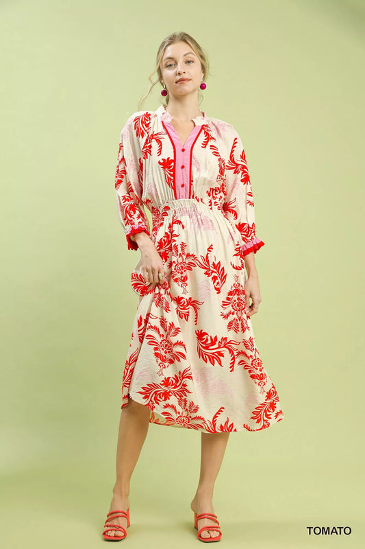 Umgee Tropical Print Button Detail Midi Dress - Trendsi - Flyclothing LLC