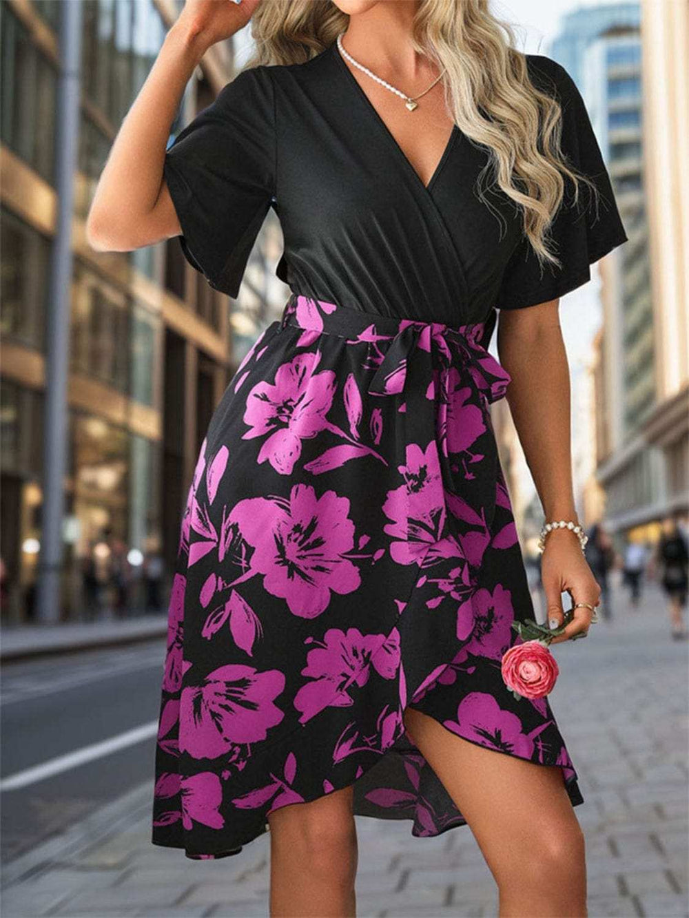 Tied Printed Short Sleeve Mini Dress - Trendsi - Flyclothing LLC