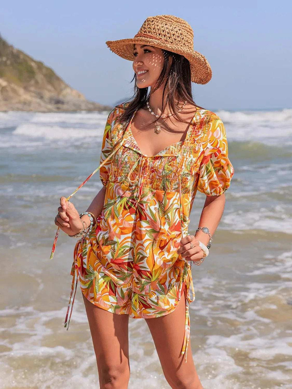 Smocked Printed Tie Neck Romper - Trendsi - Flyclothing LLC