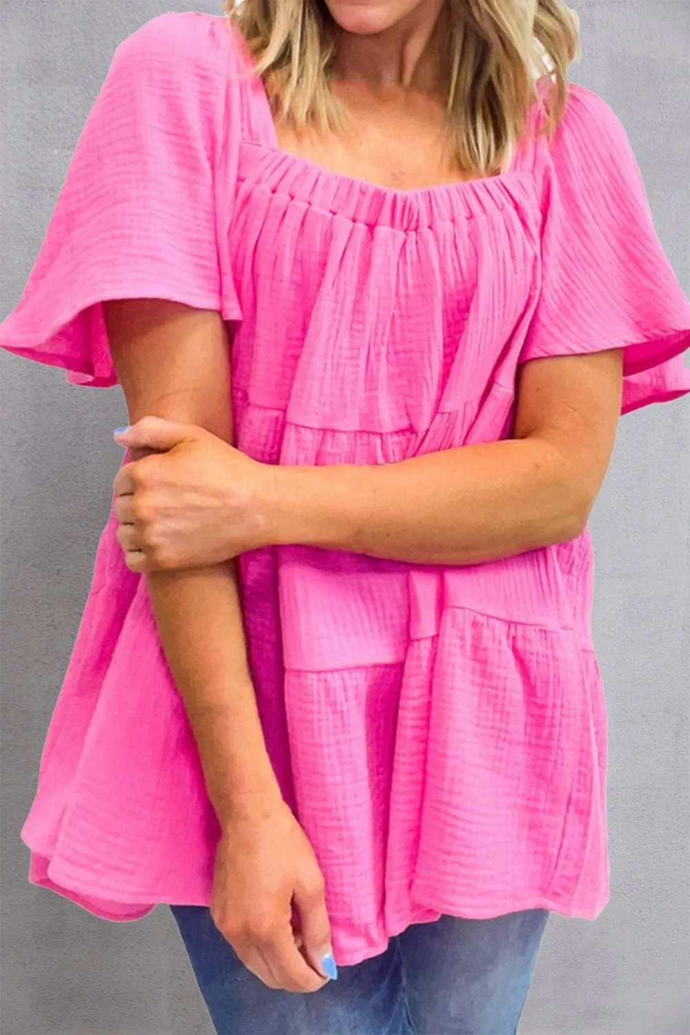 Square Neck Short Sleeve Blouse - Trendsi - Flyclothing LLC