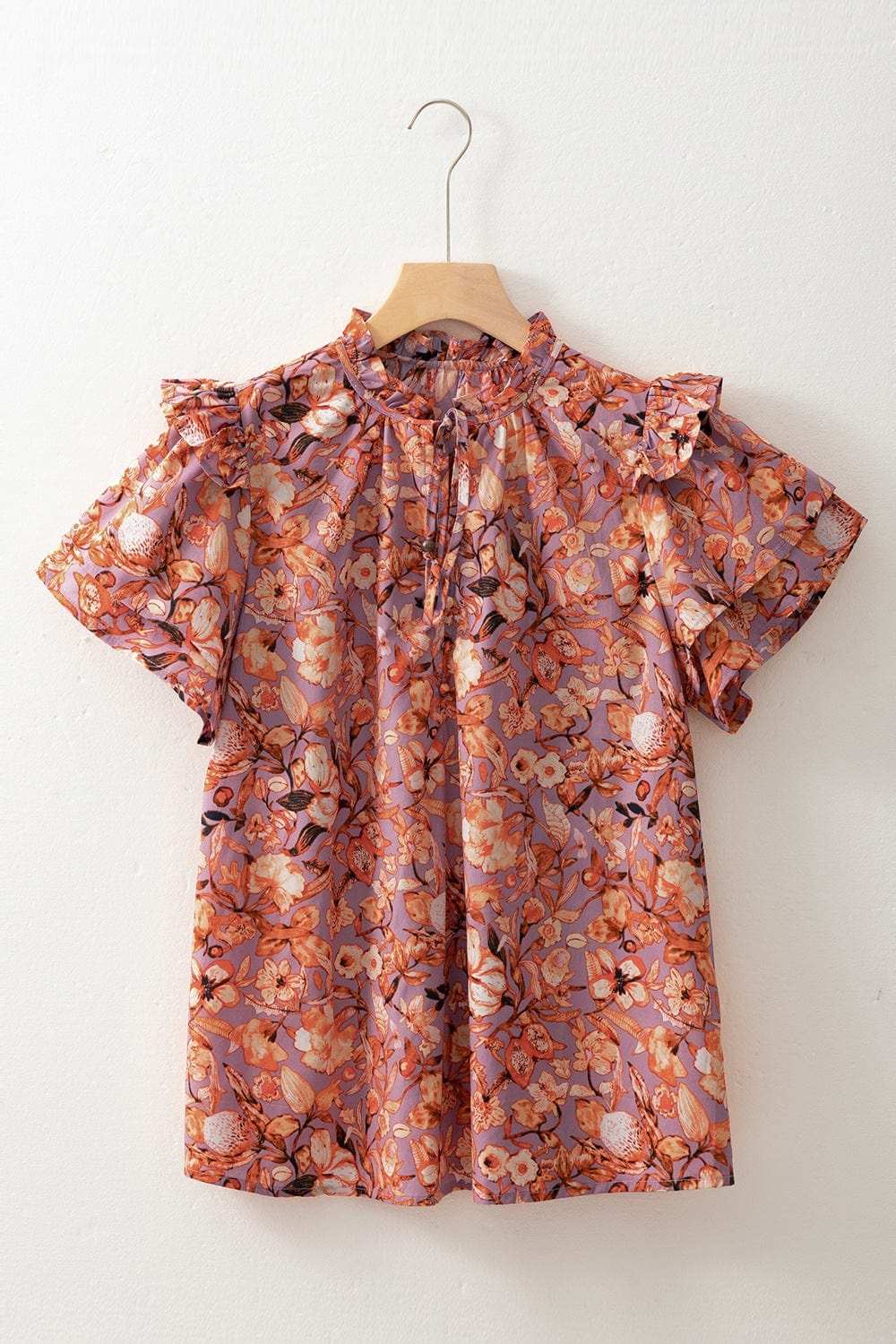 Floral Ruffled Layered Short Sleeve Tie Neck Blouse - Trendsi - Flyclothing LLC