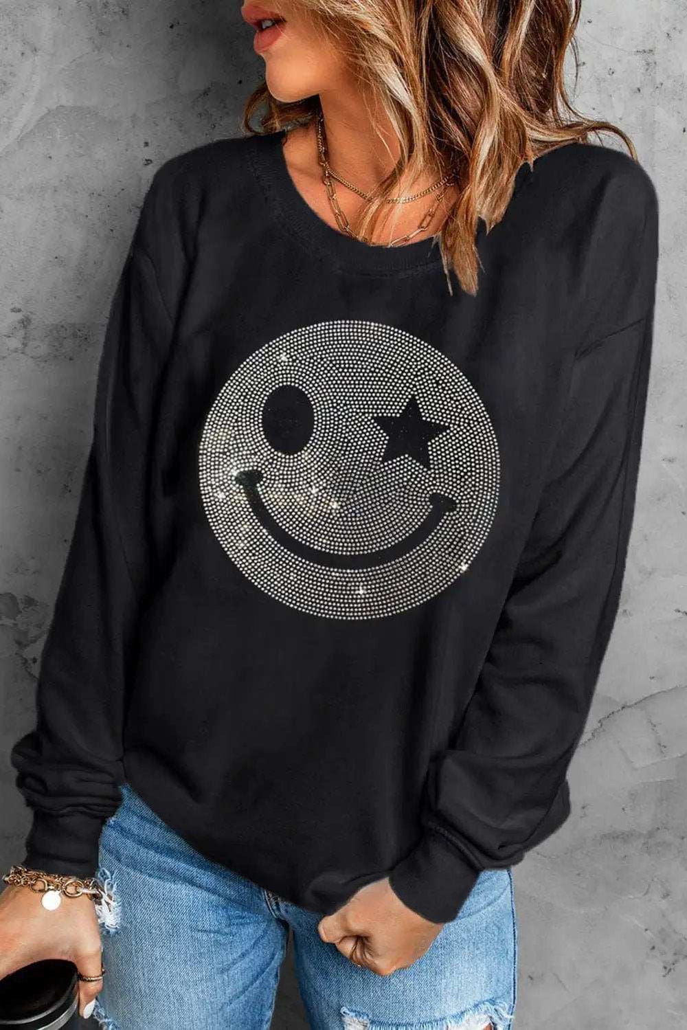 Rhinestone Smile Long Sleeve Sweatshirt - Trendsi - Flyclothing LLC