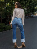 Stepped Waist Raw Hem Rolled Straight Jeans - Trendsi - Flyclothing LLC