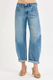 RISEN Full Size Mid Rise Fit Barrel Roll Up Jeans Plus Size - Trendsi - Flyclothing LLC