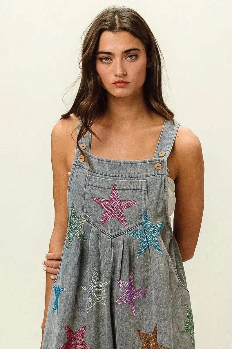 BiBi Star Rhinestone Washed Wide Leg Shortalls - Trendsi - Flyclothing LLC