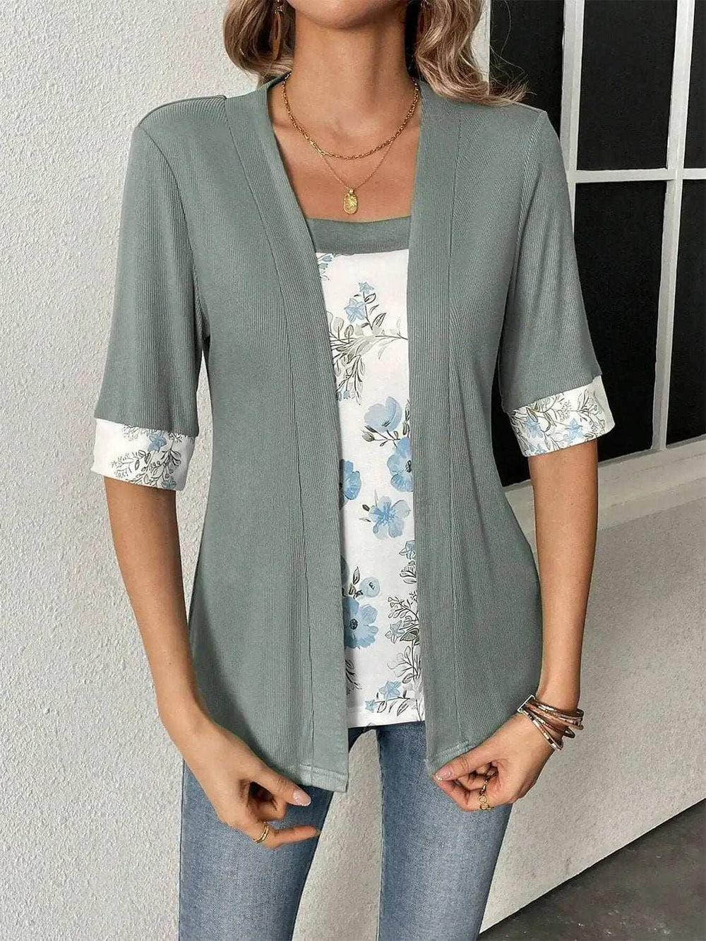 Faux Layered Printed Half Sleeve Top - Trendsi - Flyclothing LLC