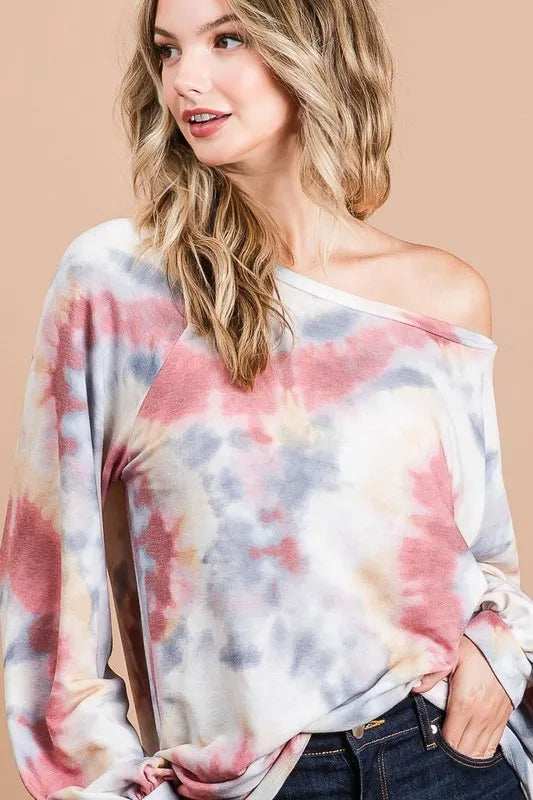 BiBi Tie Dye Print Terry Top With Puff Sleeves - Trendsi - Flyclothing LLC