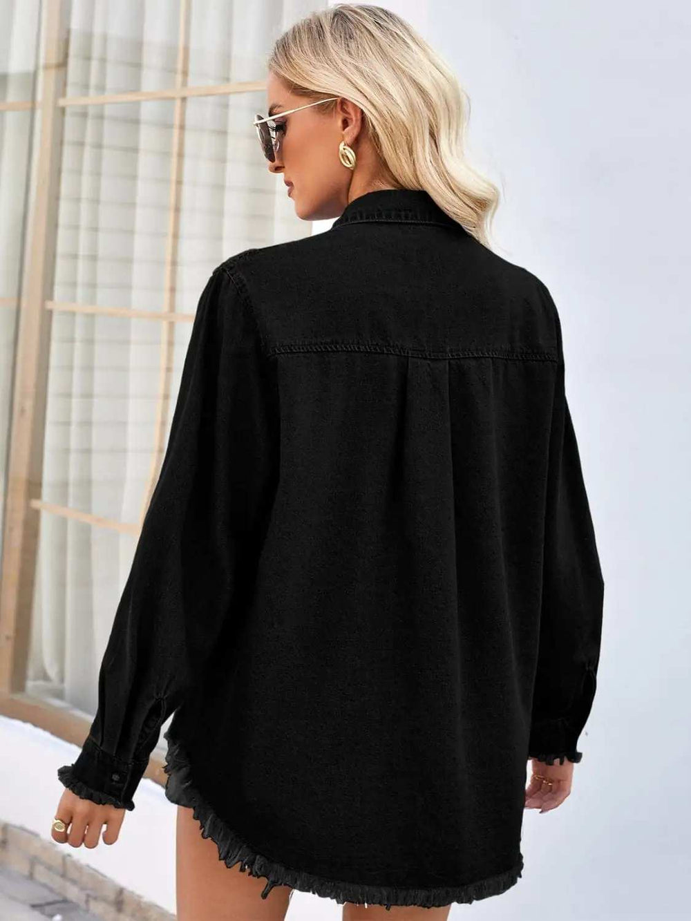 Raw Hem Button Up Long Sleeve Denim Jacket with Sequin Pockets - Trendsi - Flyclothing LLC