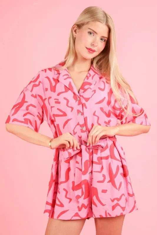 VERY J Oversized Printed Button Down Resort Romper - Trendsi - Flyclothing LLC