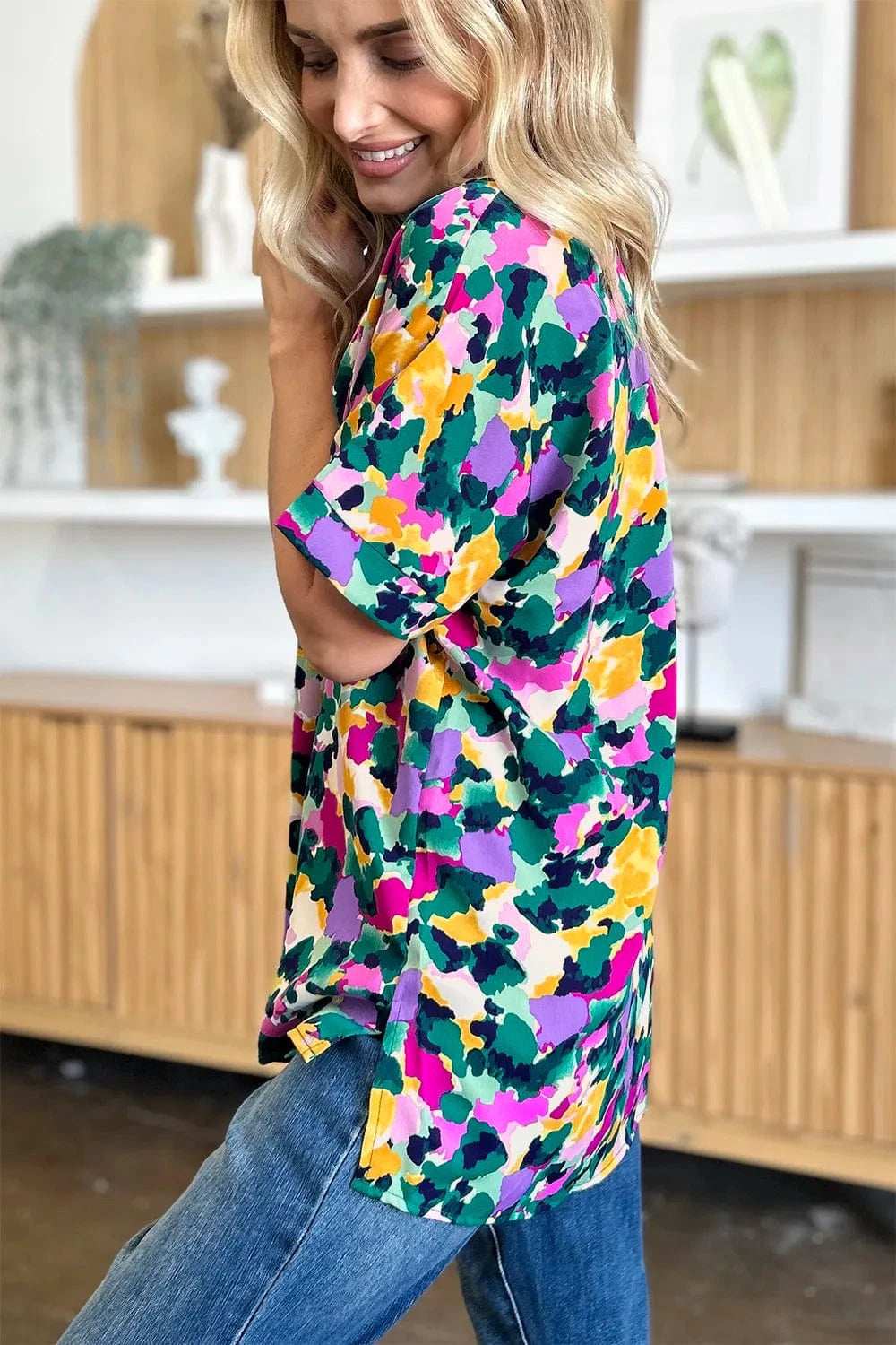 Double Take Full Size Printed V-Neck Short Sleeve Side Slit Top - Trendsi - Flyclothing LLC