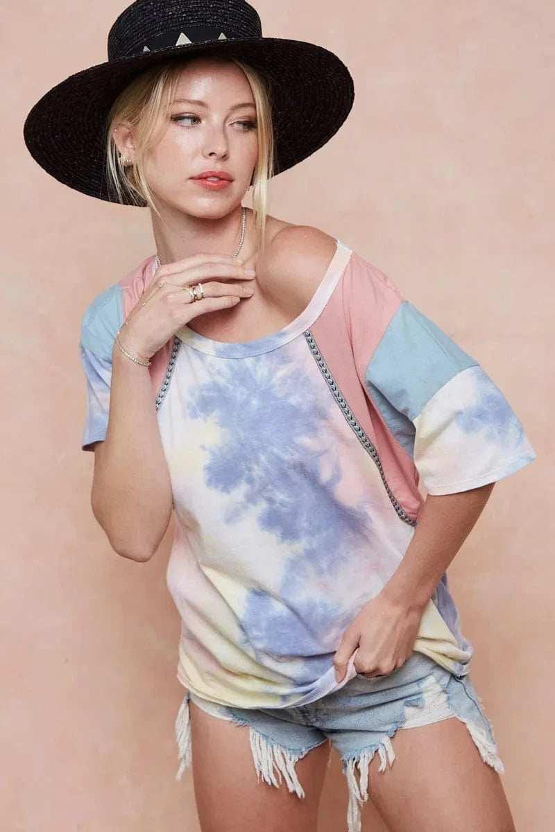 BiBi Tie Dye Printed Cotton Color Block T-Shirt - Trendsi - Flyclothing LLC