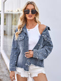 Pearl Trim Raw Hem Denim Jacket - Trendsi - Flyclothing LLC