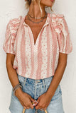 Frilled Short Puff Sleeve Mixed Print Blouse - Trendsi - Flyclothing LLC