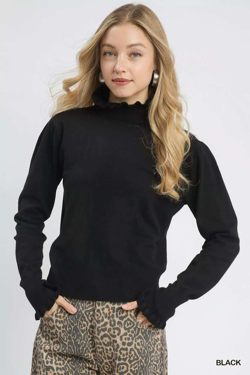 Umgee Ruffle Mock Neck Puff Sleeve Sweater - Trendsi - Flyclothing LLC