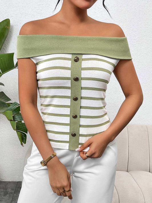 Decorative Button Striped Off-Shoulder Knit Top - Trendsi - Flyclothing LLC
