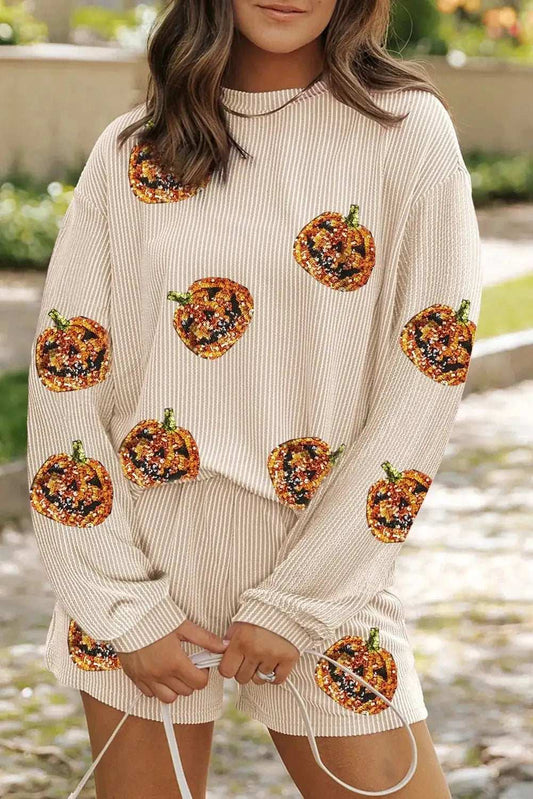 Sequin Pumpkin Round Neck Top and Shorts Set - Trendsi - Flyclothing LLC