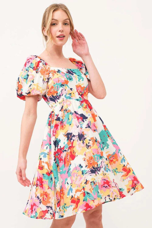 And The Why Square Neck Puff Sleeve Floral Dress - Trendsi - Flyclothing LLC