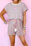 Striped Round Neck Top and Shorts Set - Trendsi - Flyclothing LLC