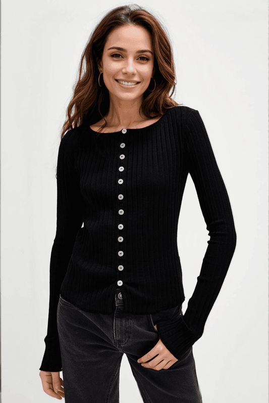 Basic Bae Texture Button Up Round Neck Long Sleeve Top - Trendsi - Flyclothing LLC
