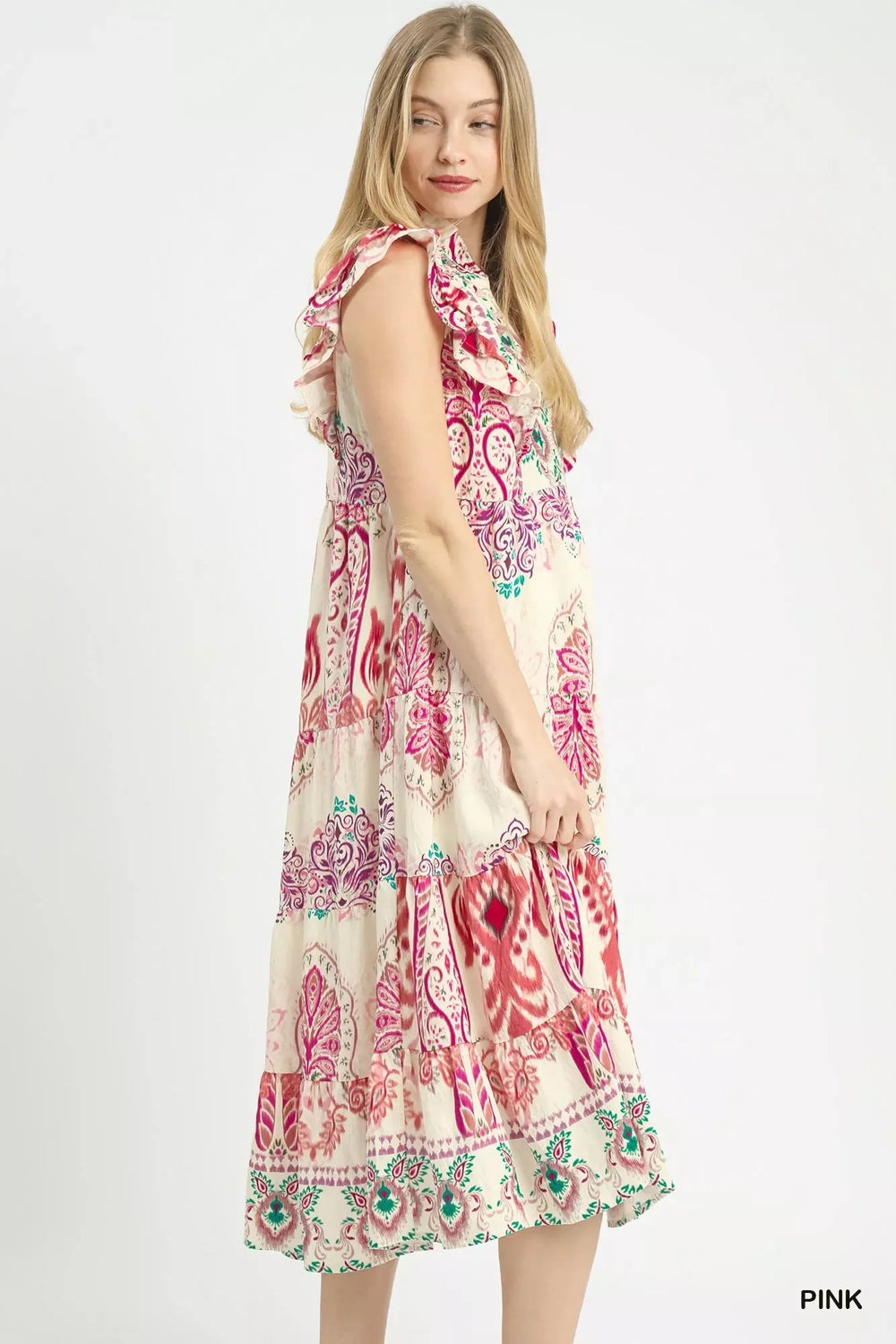 Umgee Boho Boarder Print Ruffle Midi Dress - Trendsi - Flyclothing LLC